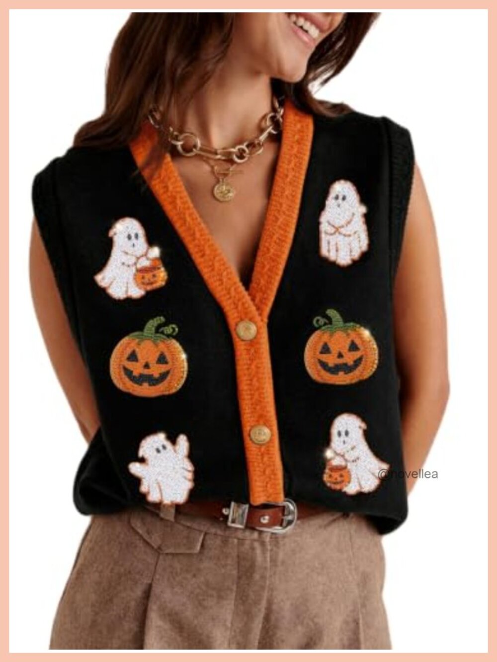 Halloween Sequin Knit Sweater Vest V-Neck Button Down Sleeveless